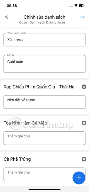Giao diện chỉnh sửa danh sách địa điểm Google Maps
