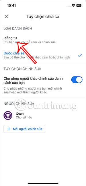 Chế độ riêng tư danh sách chia sẻ Google Maps