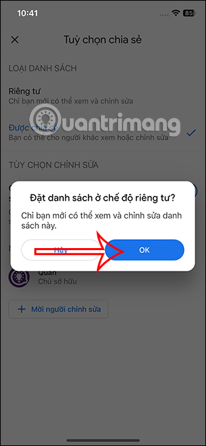 Chuyển chế độ riêng tư danh sách địa điểm Google Maps