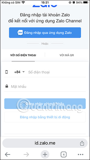 Giao diện đăng nhập Zalo