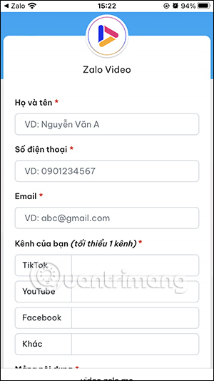Điền thông tin kênh Zalo Video