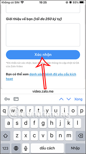 Xác nhận đăng ký Zalo Video
