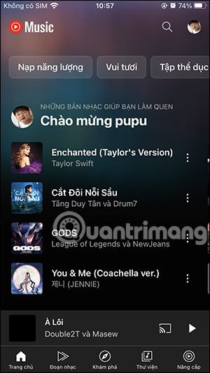 Giao diện YouTube Music điện thoại