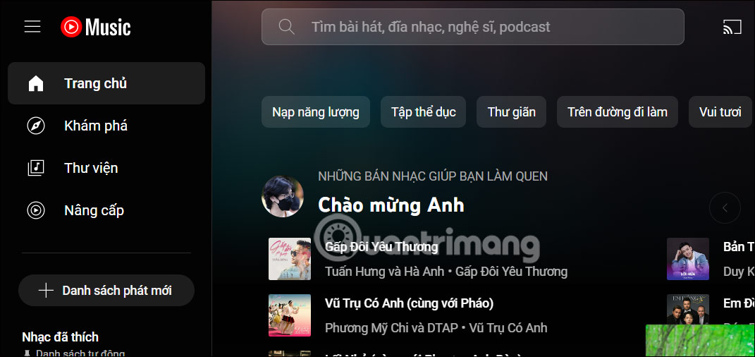 Giao diện YouTube Music PC