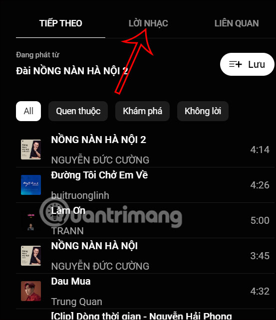 Chọn lời nhạc trên YouTube Music PC