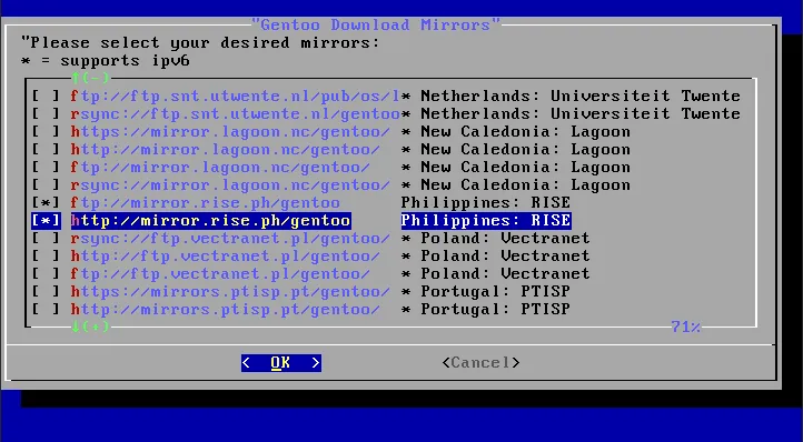 Terminal hiển thị các download mirror có sẵn cho Gentoo Linux.