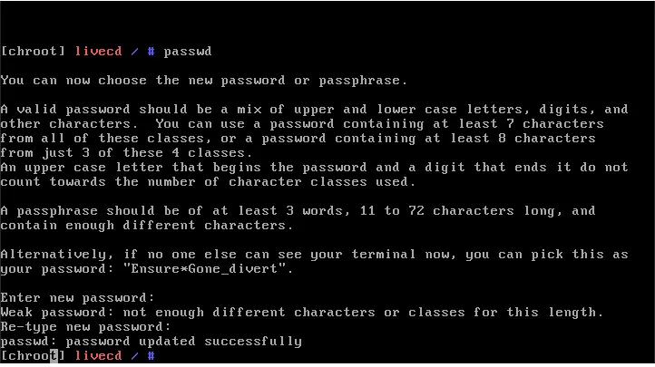 Terminal hiển thị quá trình thiết lập mật khẩu root mới.