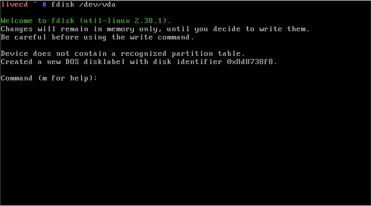 Terminal hiển thị lệnh fdisk cho thiết bị /dev/vda.