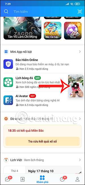 Màn hình thu nhỏ video Zalo Video