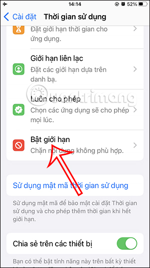 Bật giới hạn trên iPhone