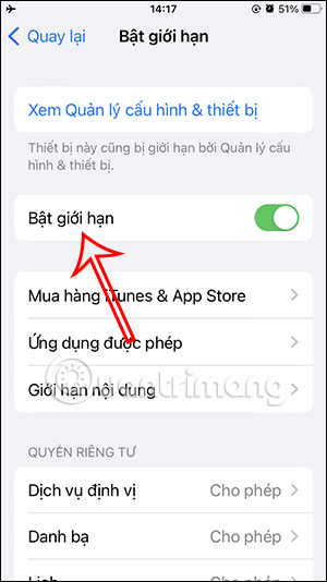 Bật giới hạn trên iPhone