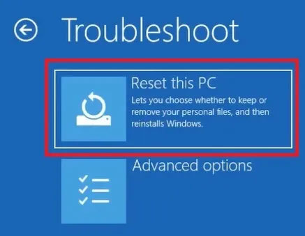 Nhấp vào tùy chọn Reset this PC trong menu Troubleshoot