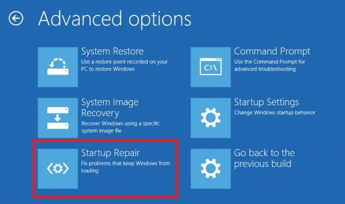 Nhấp vào tùy chọn 'Startup Repair' trong Advanced Options trong môi trường Windows RE.