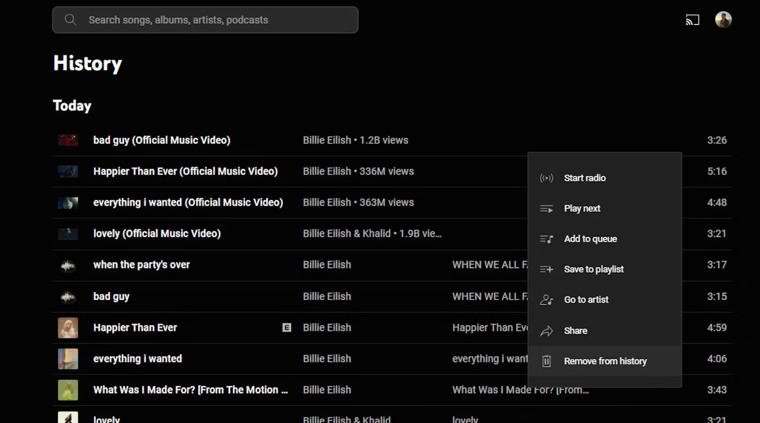 Tùy chọn xóa YouTube Music khỏi lịch sử