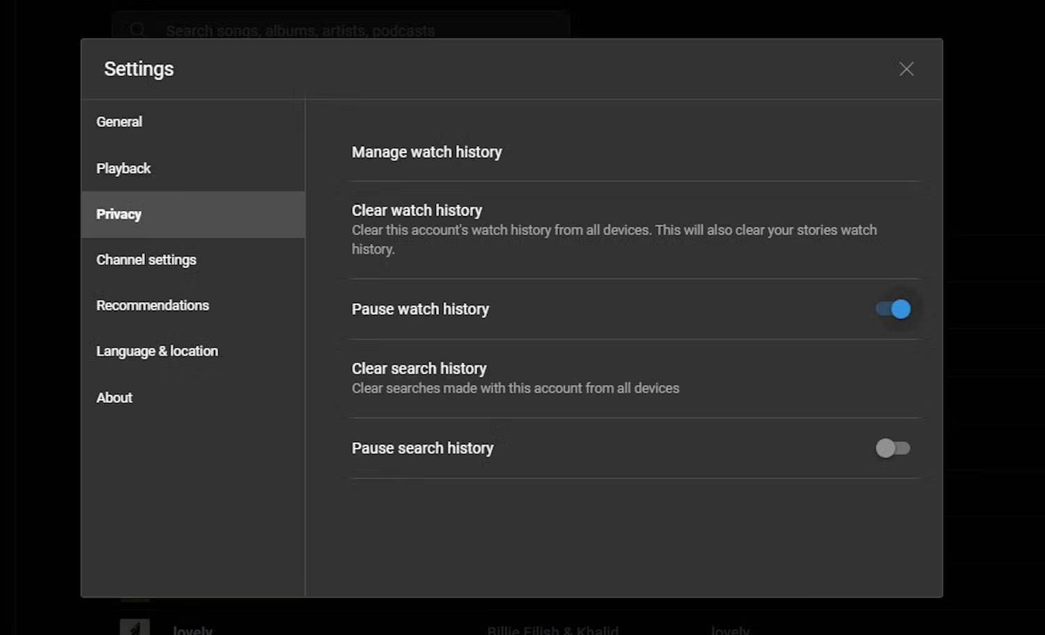 YouTube Music tạm dừng lịch sử xem