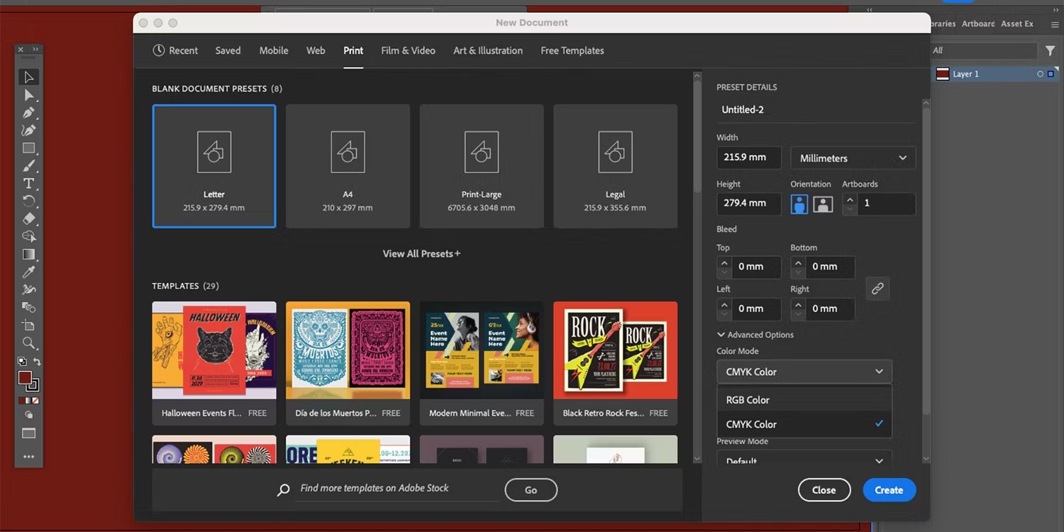 Tài liệu Adobe Illustrator mới với các tùy chọn chế độ màu