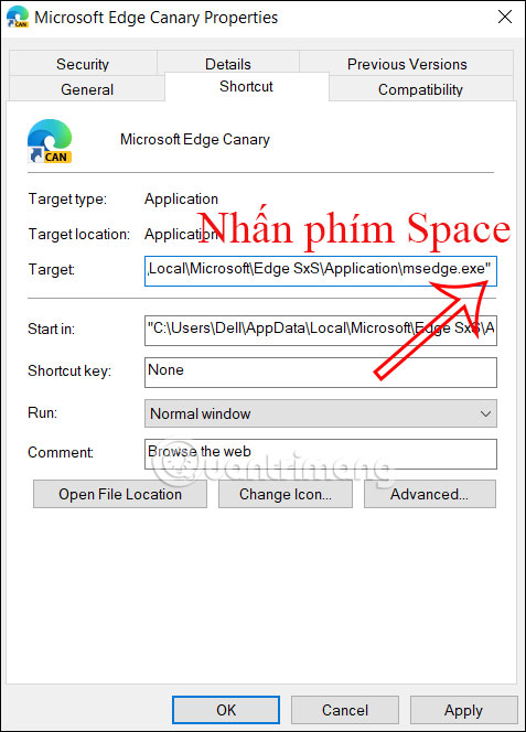 Chỉnh Target của Microsoft Edge