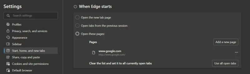 Tùy chỉnh trang When Edge starts thông qua cài đặt Edge.
