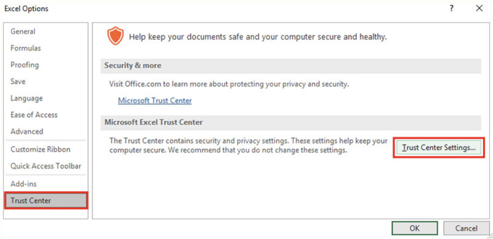 Nút Trust Center Settings