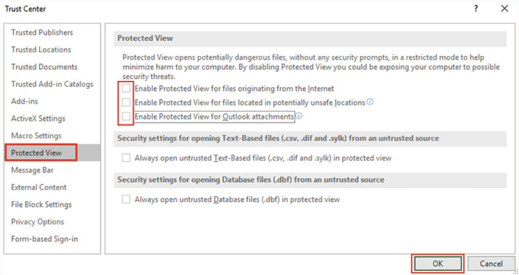 Disable Protected View