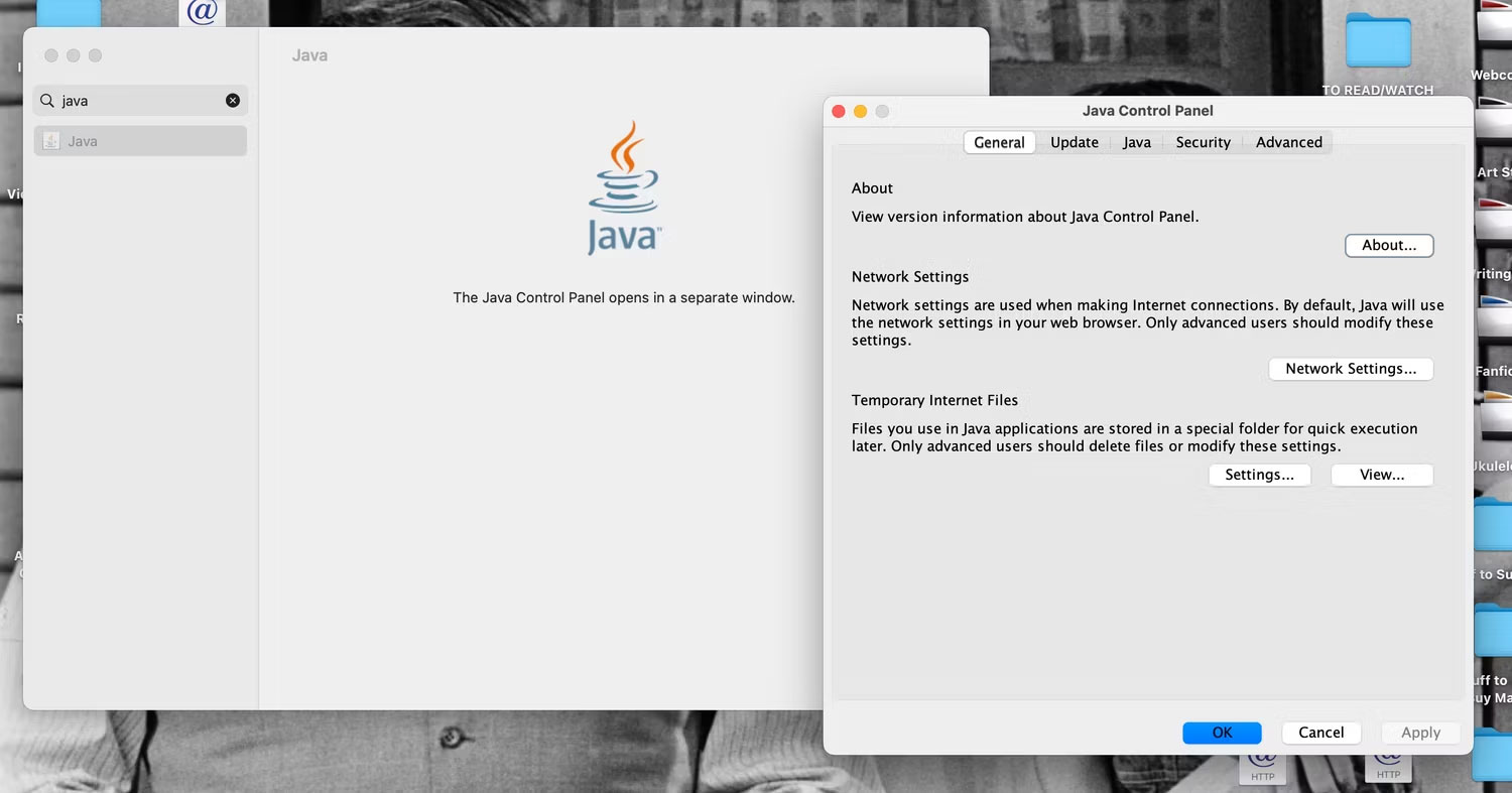Bảng điều khiển Java mở trên máy Mac từ cài đặt hệ thống