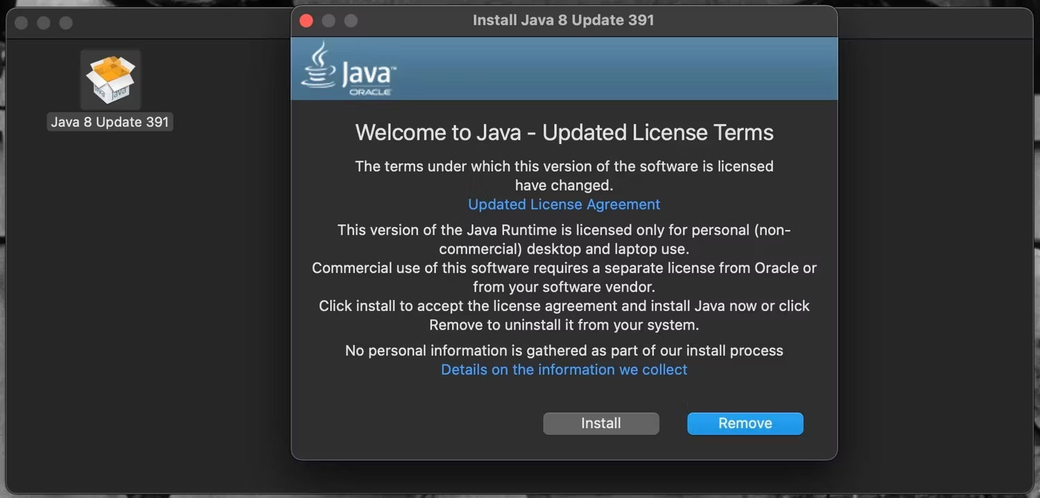 Trình cài đặt Java có sẵn nút gỡ bỏ