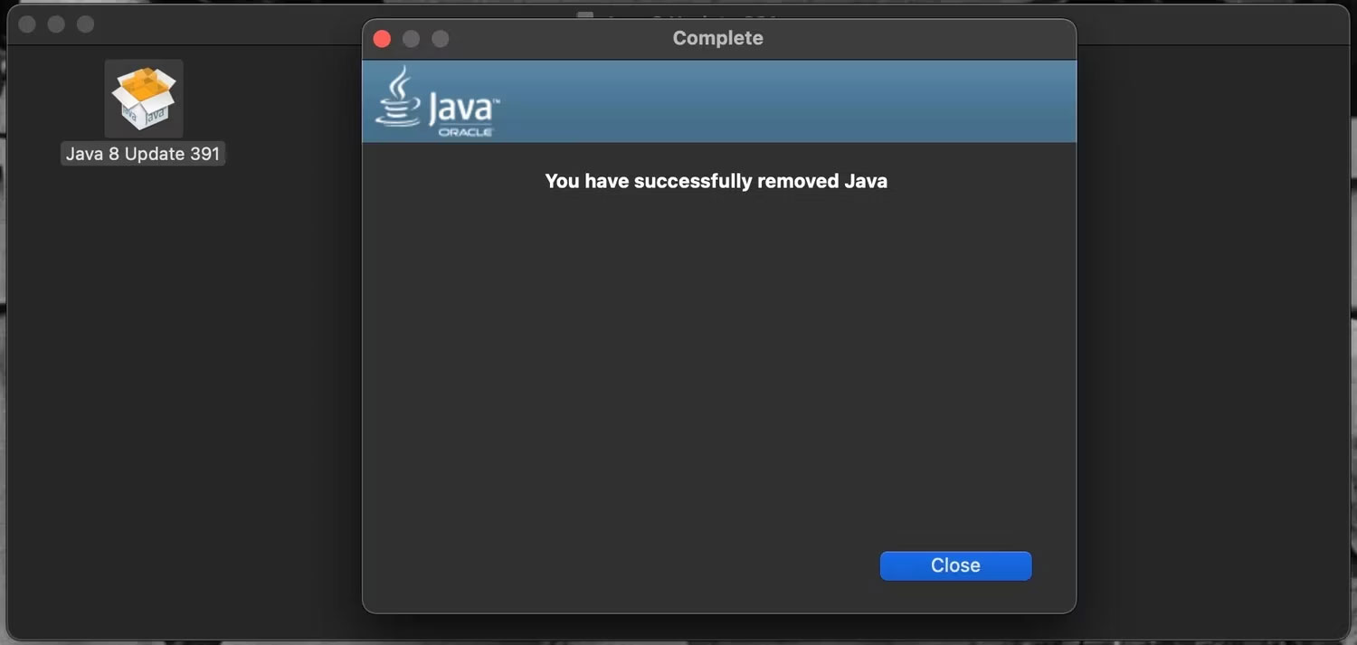 Thông báo đã xóa Java trong macOS
