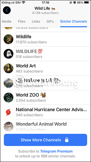Hiển thị kênh Telegram tương tự