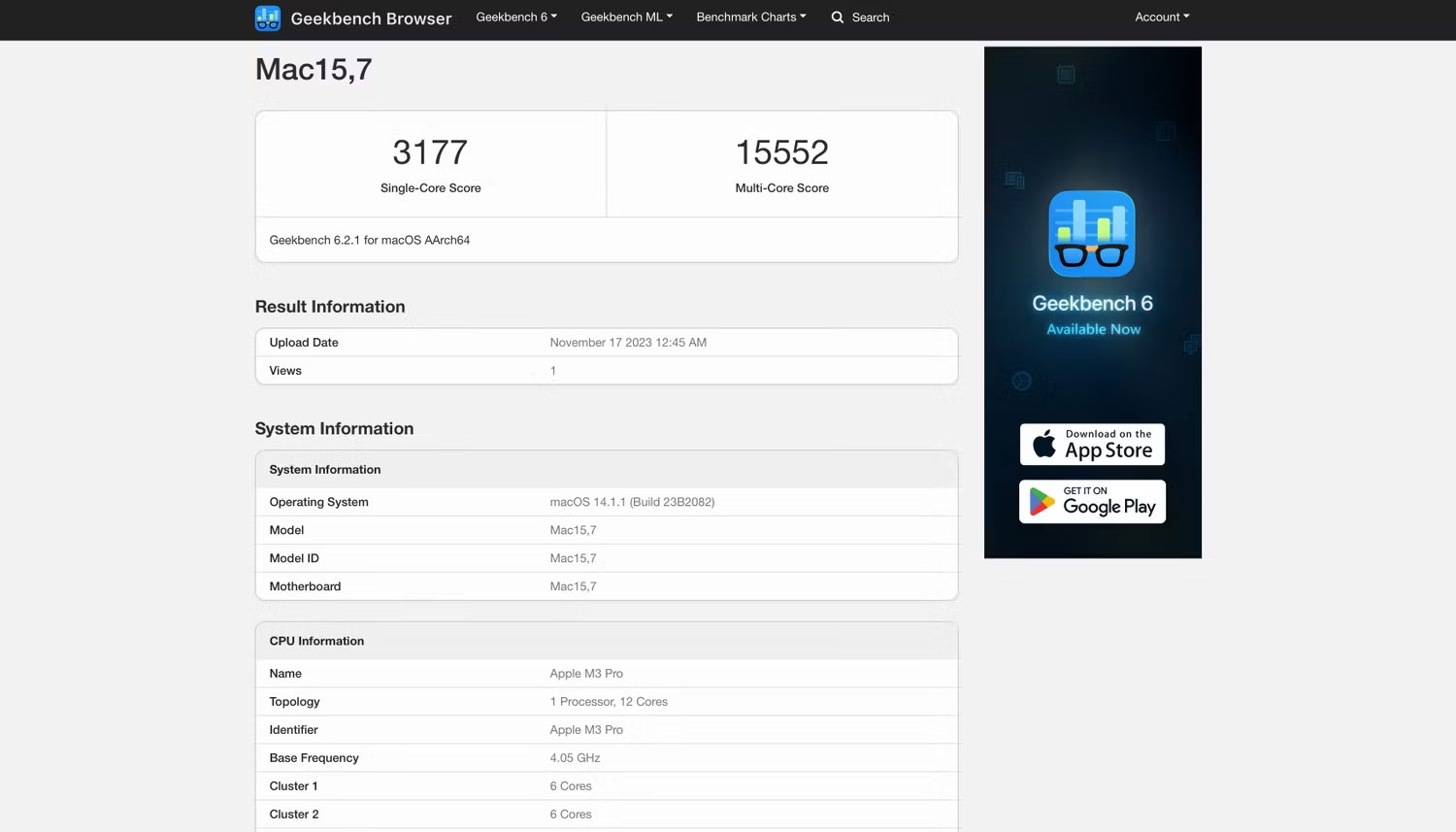 Kết quả Geekbench của M3 Pro