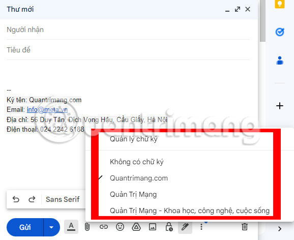 Menu selects multiple Gmail signatures