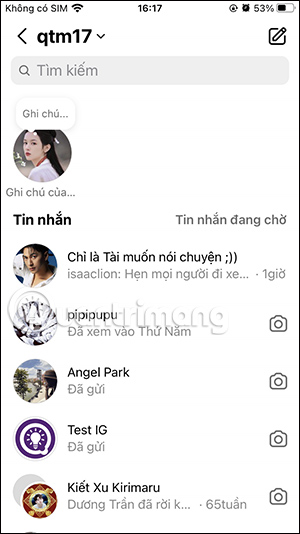 Giao diện tin nhắn trên Instagram