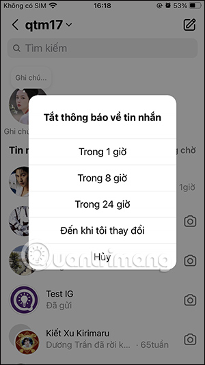 Chọn thời gian tắt thông báo tin nhắn Instagram