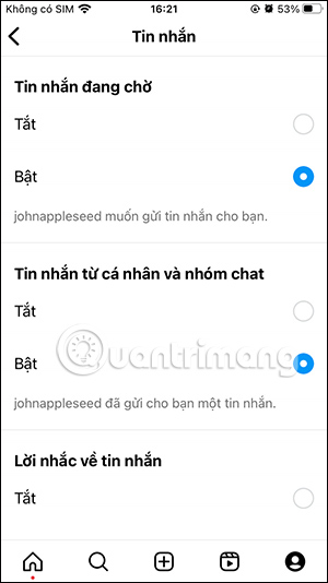 Tùy chọn chỉnh thông báo tin nhắn Instagram