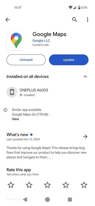 Nút cập nhật hiển thị trên trang Google Maps trong ứng dụng Google Play Store.