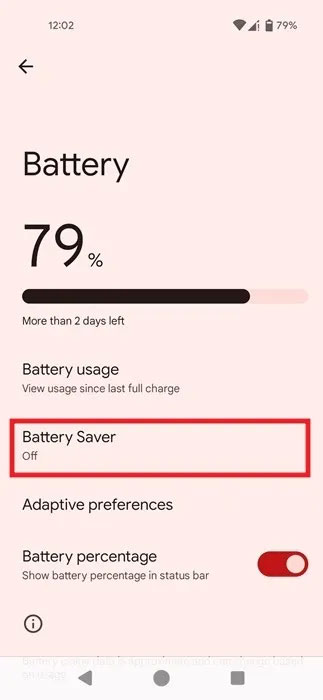 Tùy chọn Battery Saver đã tắt thông qua cài đặt Android.