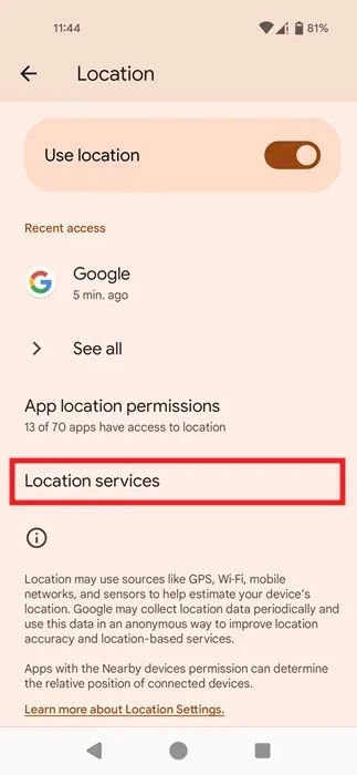 Nhấp vào Location services trong Location.