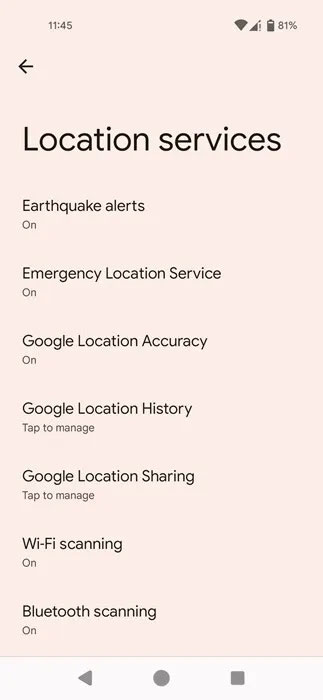Tùy chọn Location services được liệt kê trong cài đặt Android.