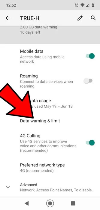 Nhấn vào Data warning & limit