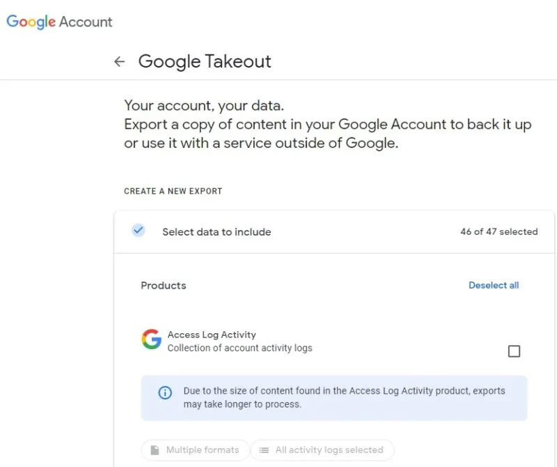 Chọn dữ liệu cần sao lưu bằng Google Takeout.