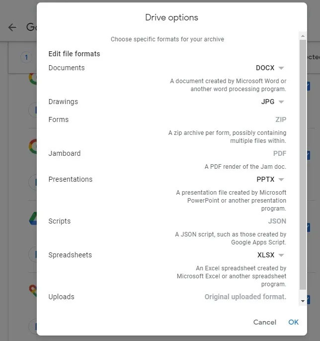 Chọn định dạng cho file Google Drive.