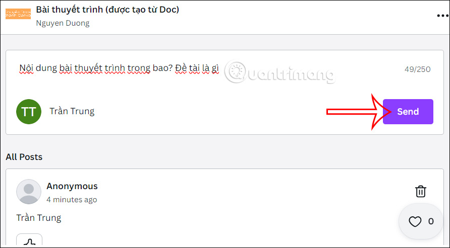 Gửi câu hỏi thuyết trình trên Canva