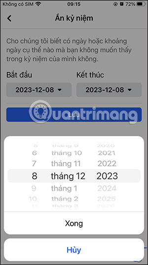 Ngày bắt đầu ẩn kỷ niệm Facebook