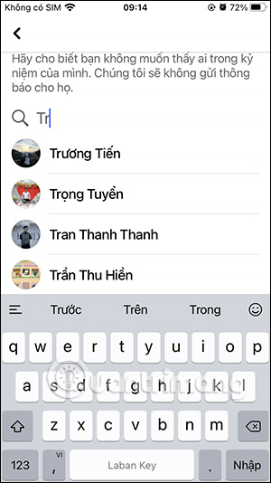 Chọn người muốn ẩn kỷ niệm Facebook