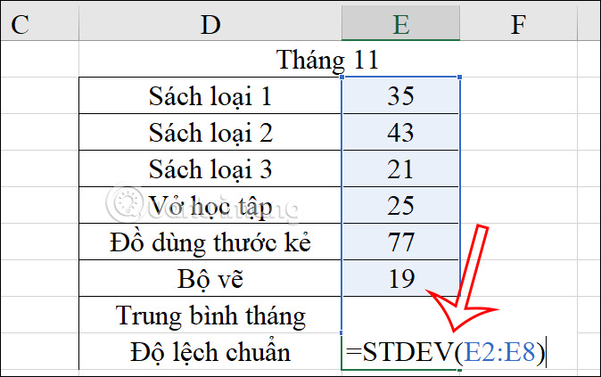 Công thức hàm tính lệch chuẩn trong Excel 
