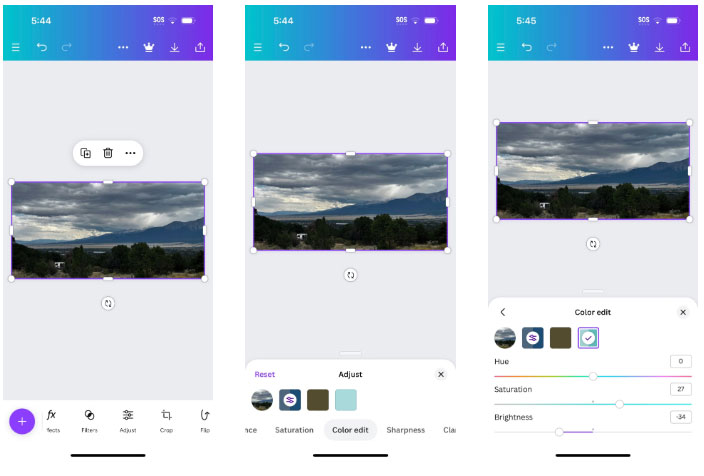 Canva app's Color Edit feature with changed saturation and brightness