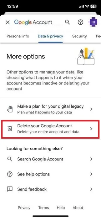 Nhấn vào nút Delete your Google Account trong ứng dụng Gmail iOS.