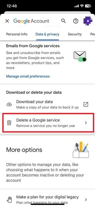 Nhấn vào Delete a Google service trong ứng dụng Gmail dành cho iOS.