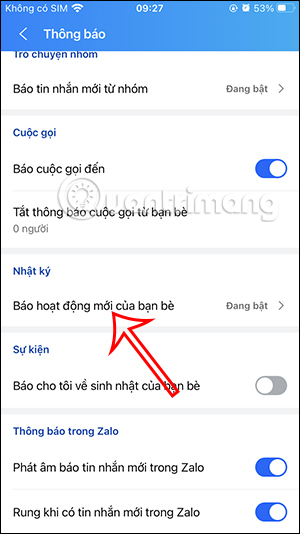 Thông báo nhật ký của bạn bè trên Zalo