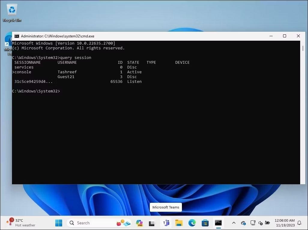 Command Prompt với lệnh query sessions đang chạy trên Windows 11