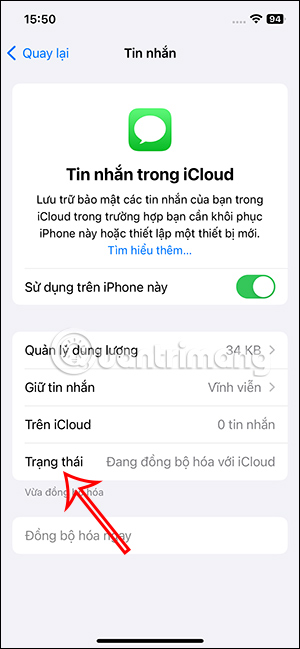 Thanh trạng thái đồng bộ tin nhắn iCloud